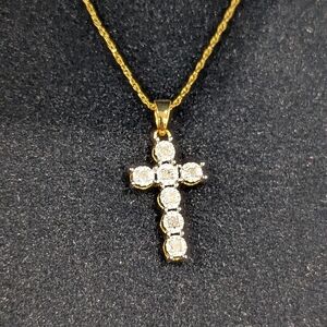 🆕 Diamond Cross Necklace 1/10 Carat Yellow Gold over Sterling 17"